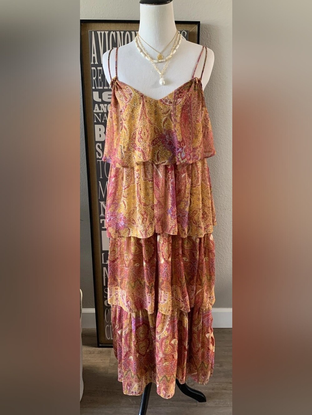 Boho Tiered Paisley Maxi Dress in Mustard & Pink